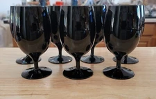 SET OF 7 - Vintage Midnight Black Juice Wine Glasses Elegant Blown Glass 6" Tall