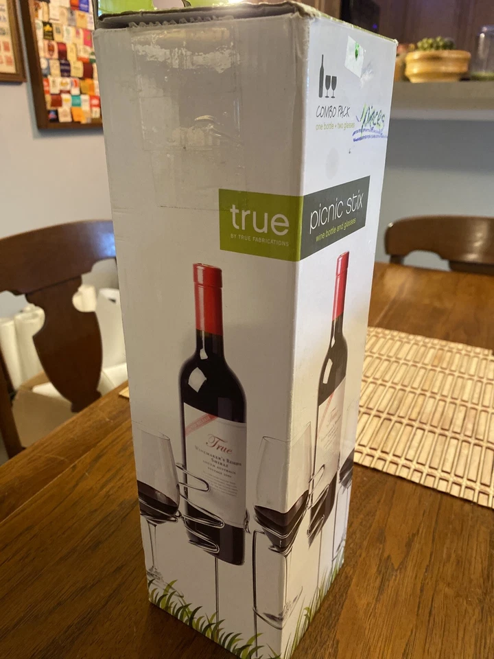 Conjunto de 3 peças de piquenique Stix novo na caixa verdadeiro fabuloso - estacas cromadas para garrafa e 2 copos de vinho novo na caixa - Imagem 2 de 4