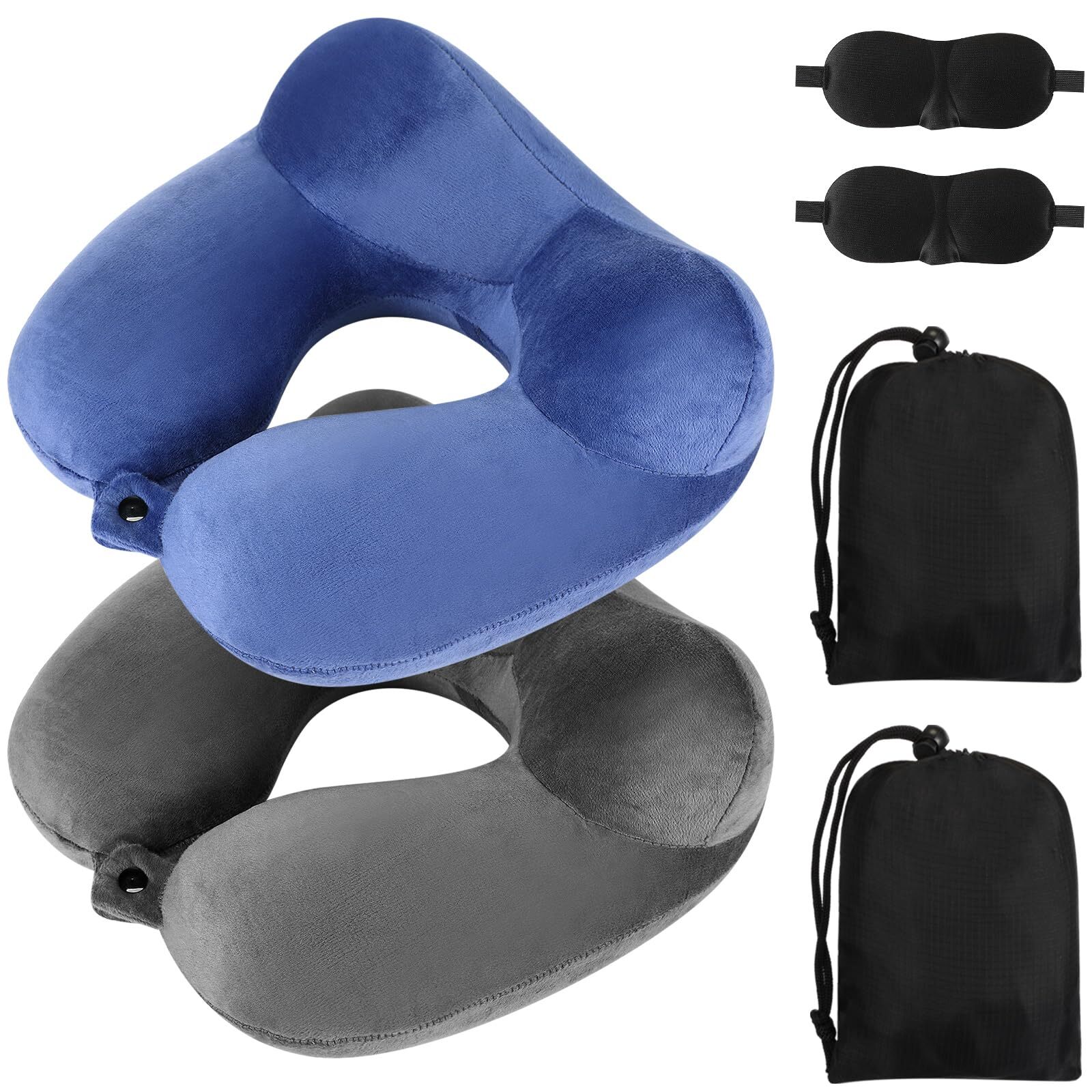 2 Pcs Inflatable Travel Pillow with Compact Bag and Blindfold Velvet Inflatab...