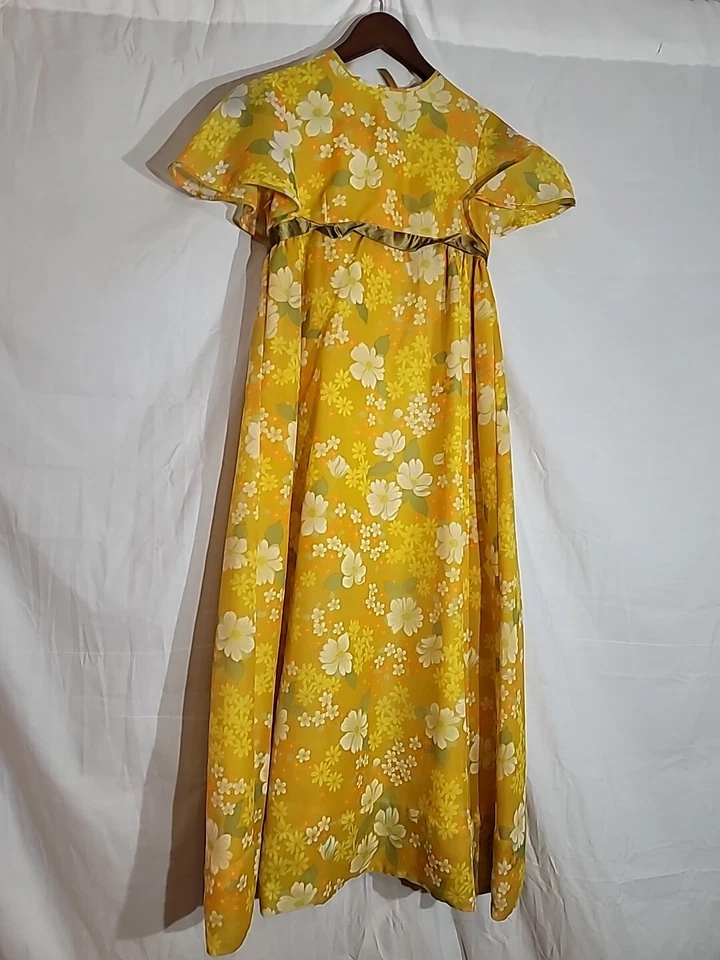 Maxi Vestido Vintage Amarillo Floral de Gasa Talla Pequeña Foto 2 de 4