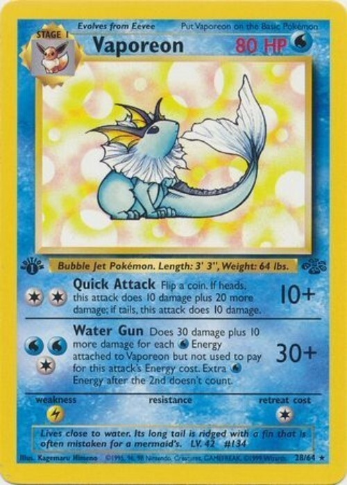 英語版初期　ポケモンカード　Vaporeon holo 1st Edition Vaporeon 1st Edition Holo Rare 12/64 Jungle Set Vintage