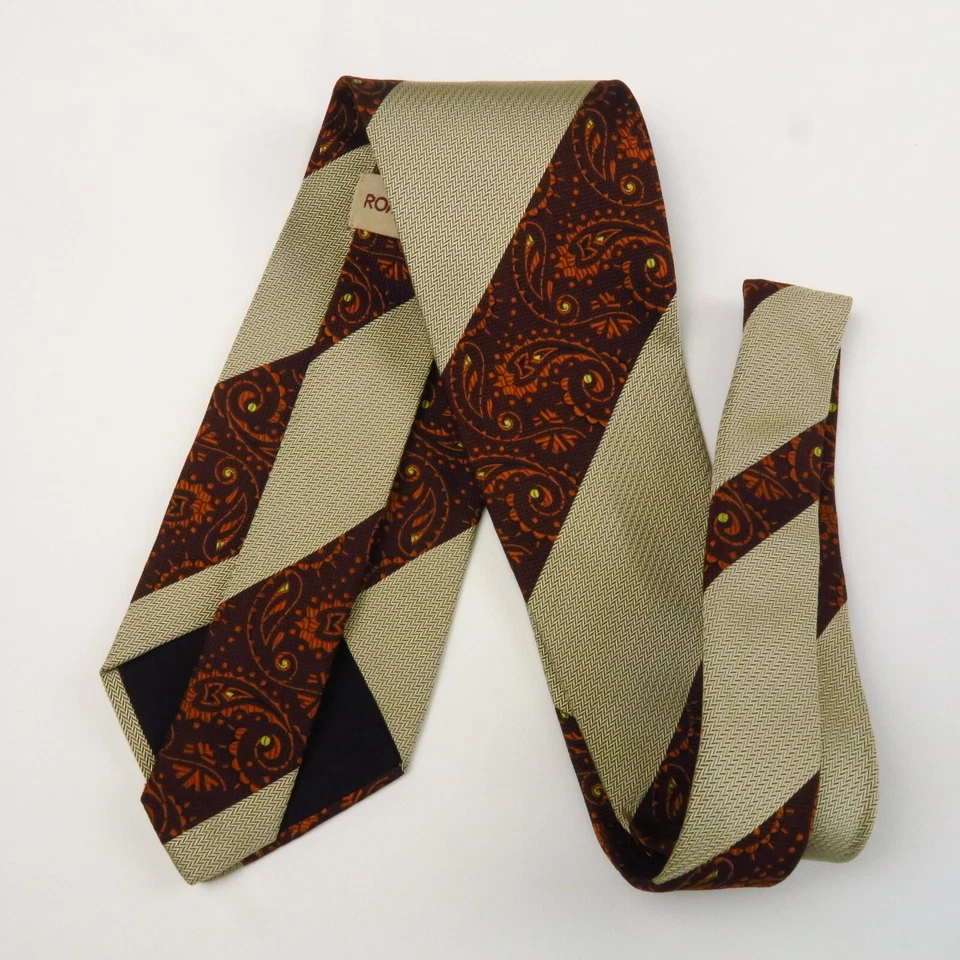 Romeo Gigli Tostado Marrón Naranja Verde Espiga Rayas Paisley Años 70 60 58"x3.75" Foto 4 de 4