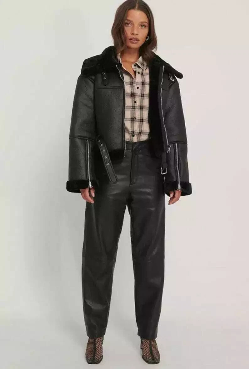 Women Fux Shearling Fur Jacket Black Aviator Real Leather Sheepskin Winter Coat