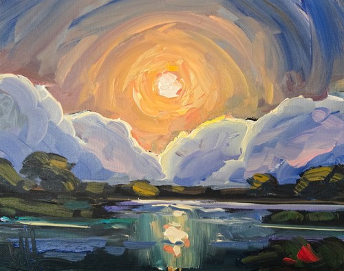 Impressionistische Landschaft Original Kunst Farbstil weiches Licht Wolken Öl Falken 3