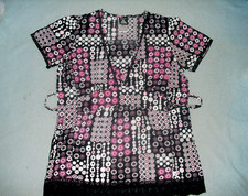 Cherokee Studio Scrub Top Size XS Short Sleeve Black and Pink with lace trim