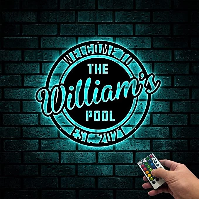 Letrero de metal para piscina personalizado con luz LED, arte de pared de metal para piscina personalizado Foto 2 de 3
