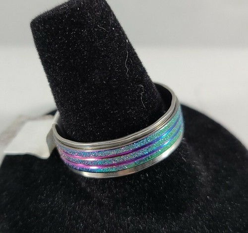 Stainless Steel Ring Band Sandblasted Raised Center Multicolor Ribs Size 9 - Picture 2 of 5