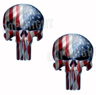Skull WAVING American Flag Decals Skull Stickers Red White Blue 2 pack Nv2