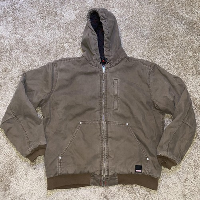 #ad Craftsman Jacket Mens Large Brown Canvas Hooded Quilted Lined Work Bomber $29.99