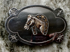 Vintage Chrome Silver Horse Head Lucky Horseshoe Cowboy Western Belt Buckle