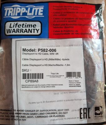 Tripp Lite Model P582-006 Display Port  male to male Cable 6 Ft. New