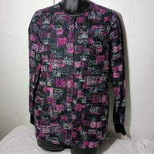 Cherokee Scrub Jacket LS Warmup Snap Front Pink Black Abstract CK301 Sz MEDIUM