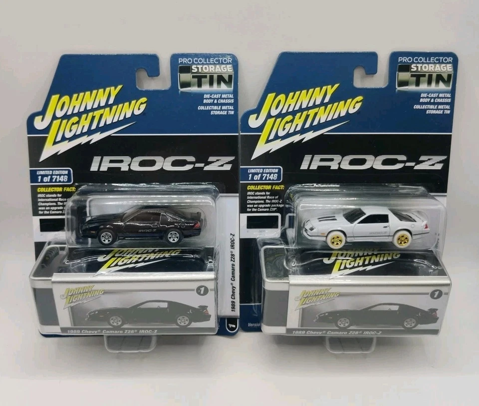 Johnny WHITE LIGHTNING 1989 Chevy Camaro Z28 IROC-Z  Storage Tin & Black Version - Image 2 of 4