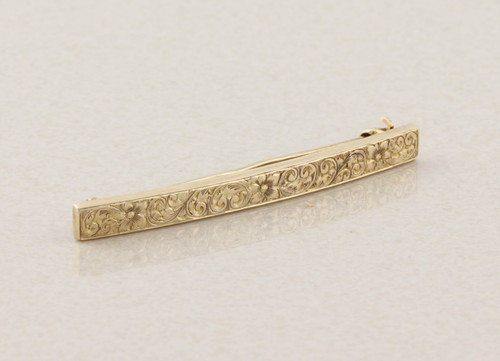 14k Yellow Gold Antique Art Deco Bar Pin Pretty Etched Flower Pattern 2" x 3/16"