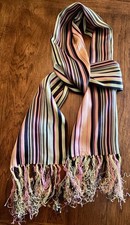 TALBOTS Mint Green Pink Yellow Black Striped Silk Scarf With Fringe 67 x11 VTG