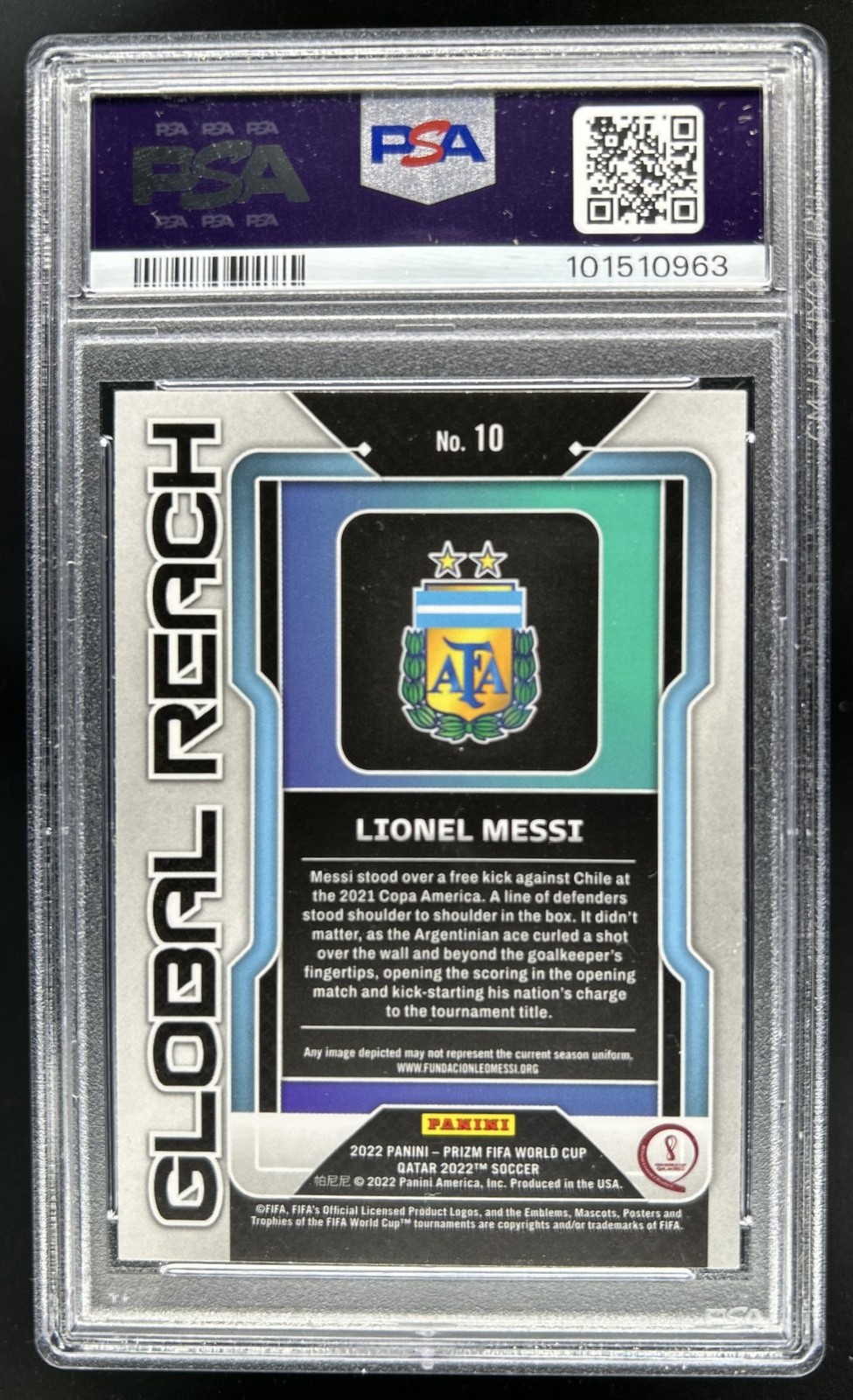 2022-23 Panini Prizm World Cup Lionel Messi Global Reach #10 Argentina PSA 9 view 2