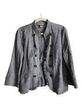 Loft Blazer Blue Chambray Jacket Open Front Ruffle Linen Blend Button Detail L