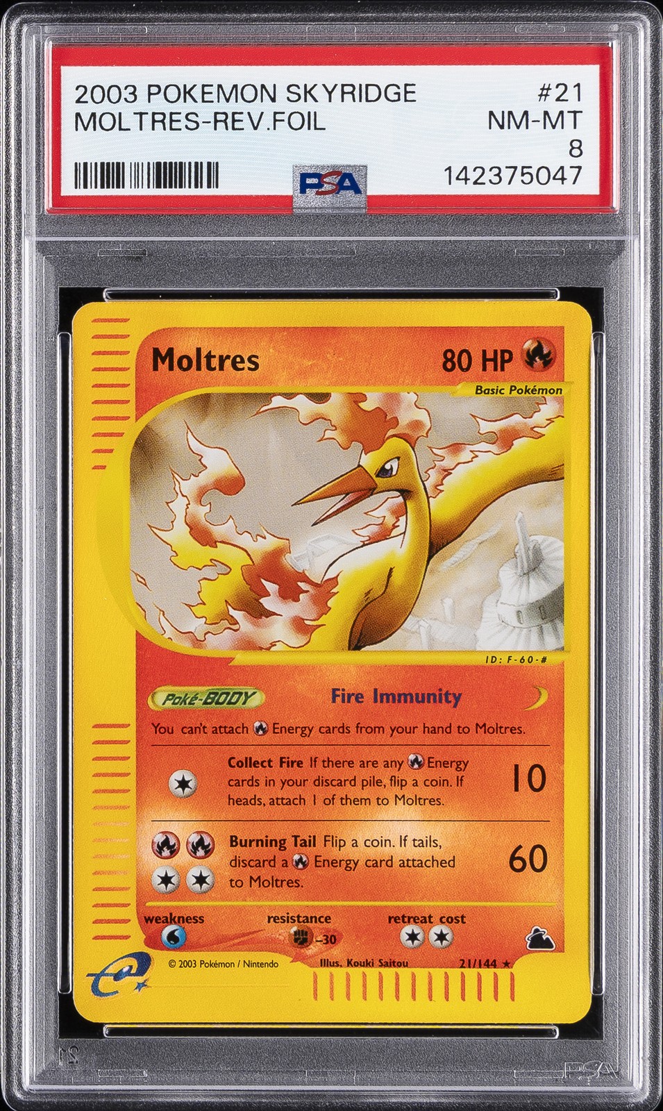 2003 POKEMON SKYRIDGE #21 MOLTRES-REVERSE FOIL PSA 8