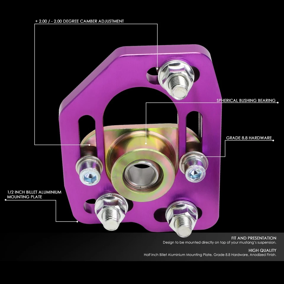 FOR 90-93 FORD MUSTANG FRONT 2PCS ALUMINUM ADJUSTABLE CAMBER/CASTER PLATE PURPLE - Image 2 of 4