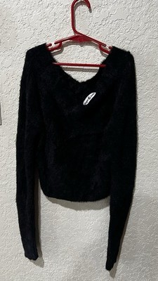 Sugar Jade Black Fuzzy Knit V-Neck Pullover Sweater Long Sleeve Size L