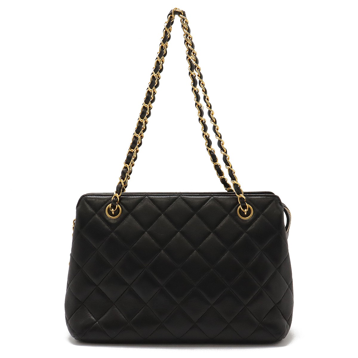CHANEL Lambskin Leather Chain Tote Shoulder Bag Black with Gold Hardware