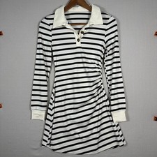 Cider Striped Polo Mini Dress Womens XXS Black White Ruched Long Sleeve