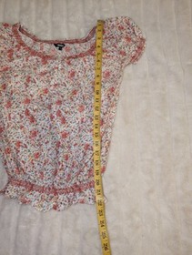 Nuon Women's Cotton Smocked Floral Short Sleeve Elastic Waist Blouse Small