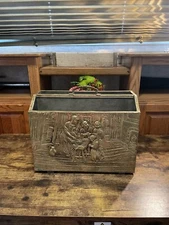 Embossed Repousse Colonial Kitchen Scene Brass Covered Magazine Rack Vintage