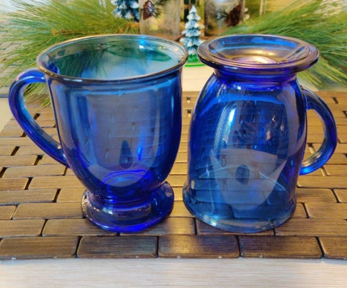 2 VTG Anchor ⚓ Hocking Cobalt Blue 🔵 Glass Coffee / Tea Footed Mugs 16oz GORG!