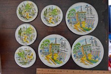 Vintage Metal Play Dishes: 3 Large, 4 small French Scenes