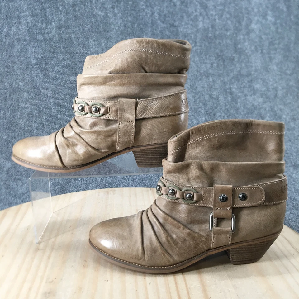 Guess Boots 女式 9.5 M 铆钉踝靴高跟鞋休闲米色皮革拉鞋 — 第 2/4 张图片