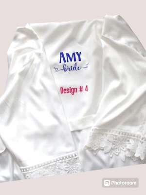 Personalised Satin Silky Robe with Lace Trim: White, sage green and more - Image 1 of 4