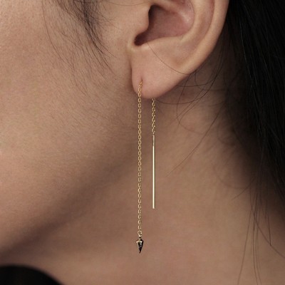 14K Solid Gold Arrow Bullet Shape Front Back Threader Drop Dangle Earrings