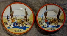 (2) Vtg Old Mexican Folk Art Hand Painted Clay Plates Mexico Oxen Cart Cactus