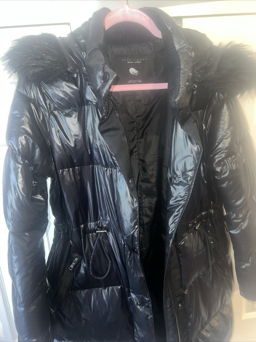 Zara Long Black Shiny Puffer Feather Down Jacket With Fur Trimmed