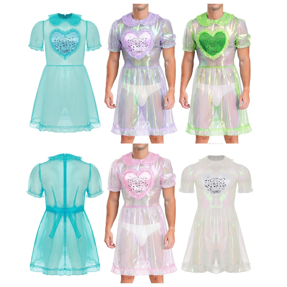 Para hombres Sissy Vestido Travesti Brillante Transparente Ropa de Noche Volantes Vestido Femenino Pijama Foto 3 de 3