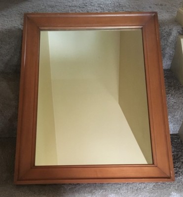 hanging wall mirror, golden brown, wooden, rectangular 23'' x 29'' solid, heavy