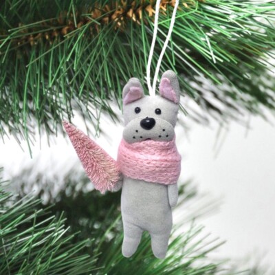 French BullDog Felt Ornament - Pink Fabric Animal Scarf Dog Christmas Tree Gift