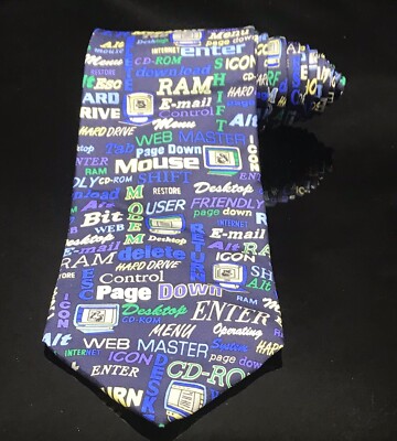 Alynn Neckwear Tie VINTAGE Computer Terms Words User Friendly 100% Silk