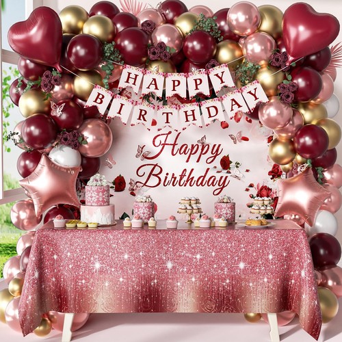 Burgundy Birthday Decorations with Rose Gold White Balloons
