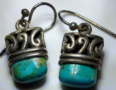 Vtg Sterling Silver Turqouise Artisan Or Native American Dangle Earrings 1''