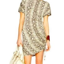 Michael Kors Snakeskin Ruched Side Grommet Dress Tan Brown Short Sleeve Medium