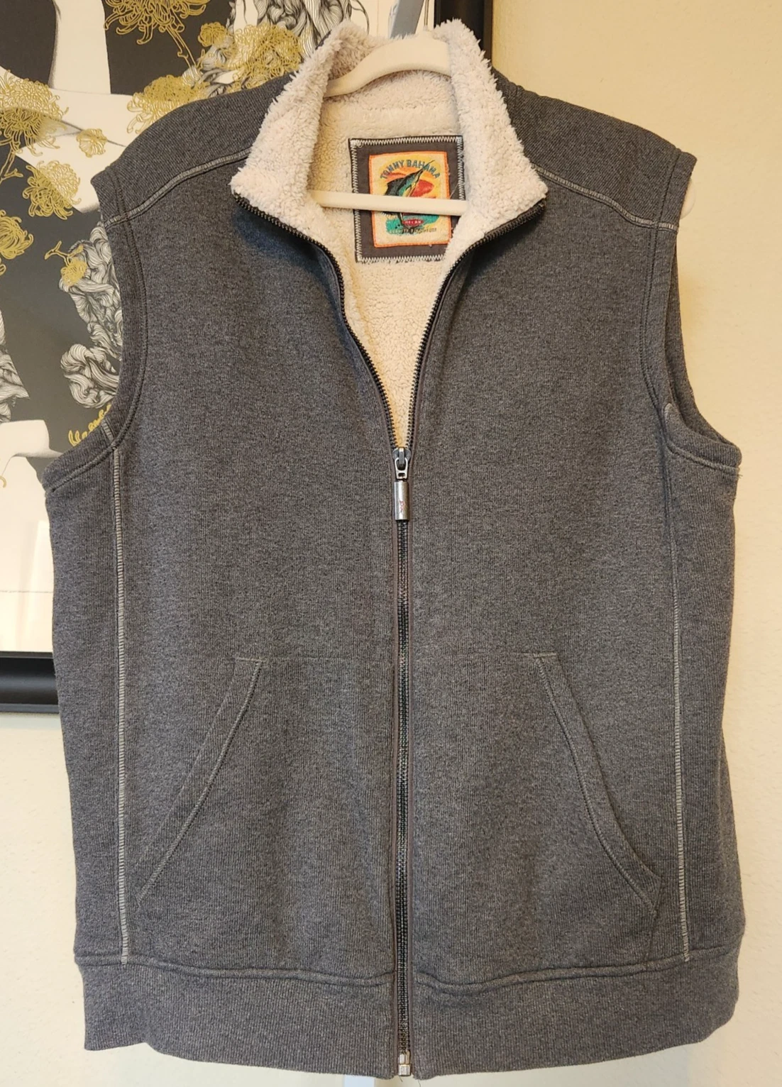 Tommy Bahama Relax Mens L Gray Fleece Lined Full Zip Vest Marlin Logo Soft Golf