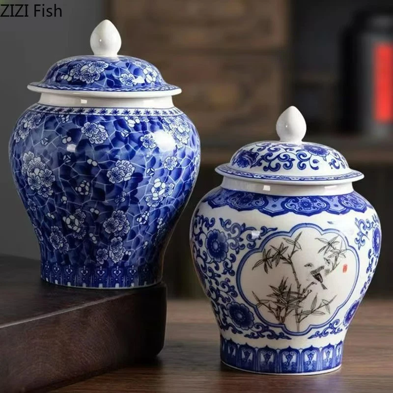 Blue & White Porcelain Jar 350ml Ceramic Tea Caddy Storage Canister with Lid