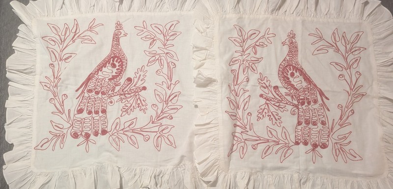 Antique Pair Of Turkey Red Peacocks On Pillowshams c.1910 30" X 29"