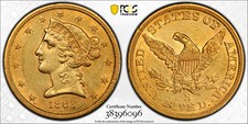 1863-S $5 Gold Liberty PCGS AU58 Gold Half Eagle Civil War Gold 38396096