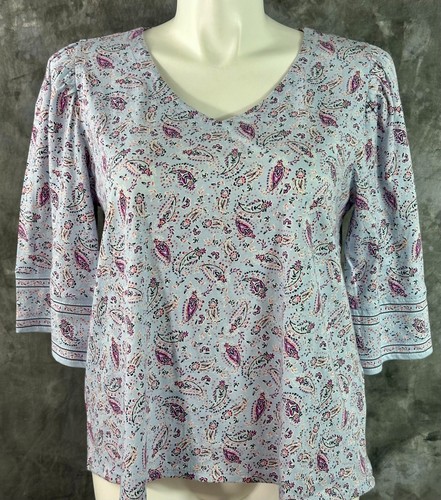 J Jill Multi Colored Paisley V Neck 3/4 Slv Cotton Top sz Large Petite (16397)