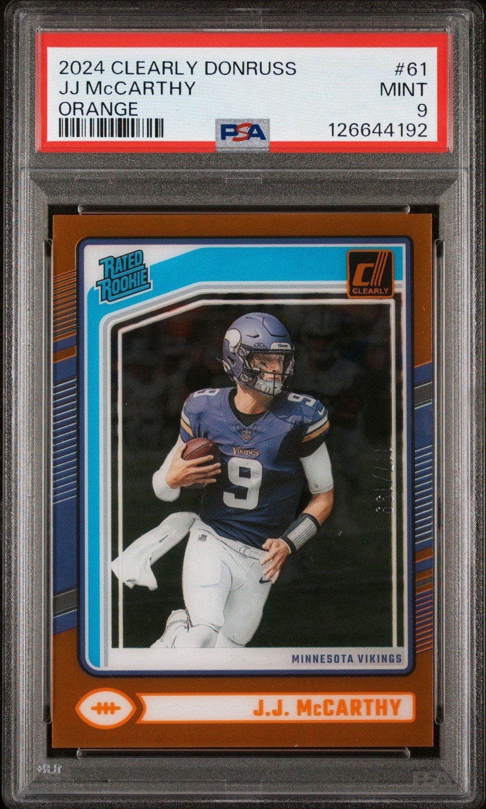 2024 Donruss Clearly JJ McCarthy RC Orange 117/199 Vikings Rated Rookie PSA 9