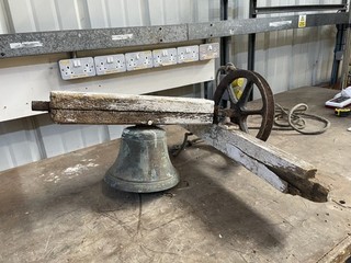 Stunning maritime bell with rope and wheel pulley vintage rustic patina