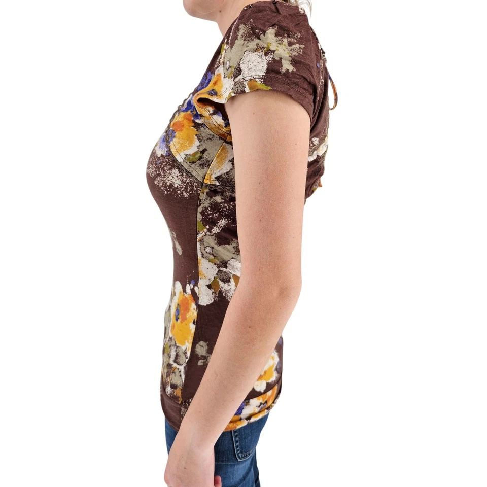 American Rag Womens Sz S Cap Sleeve T Shirt Tie Back Brown Floral NEW - Image 2 of 4